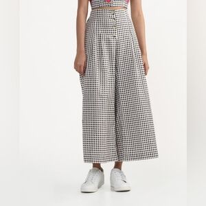 BOMBAY PAISLEY size XS High Waist Wide Leg Cropped Check Pants Linen Blend